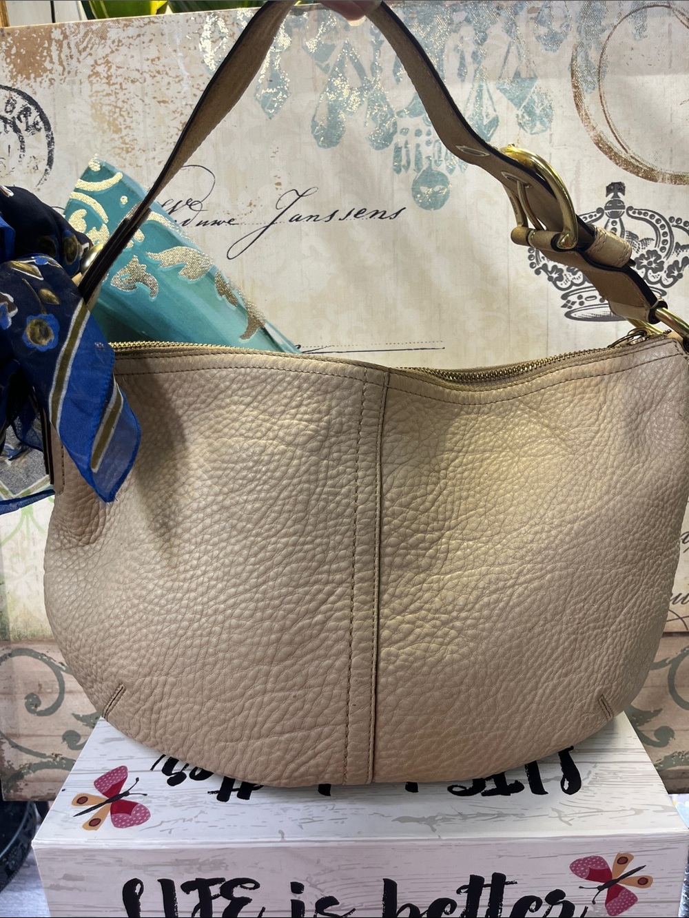 Coach Pebbled Leather Hobo Shoulder Bag in Beige